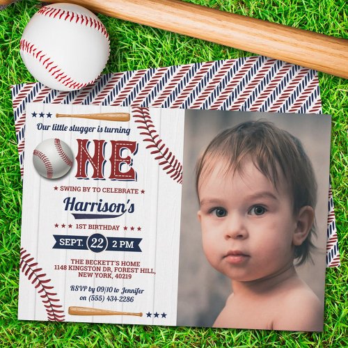 Boys Baseball 1st Birthday Photo Invitation