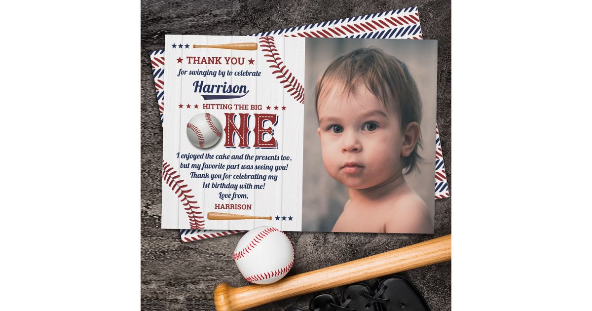 Boys Baseball 1st Birthday Photo Thank You Card | Zazzle