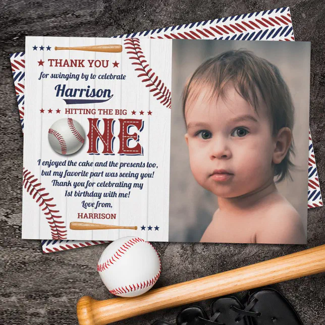 Boys Baseball 1st Birthday Photo Thank You Card | Zazzle
