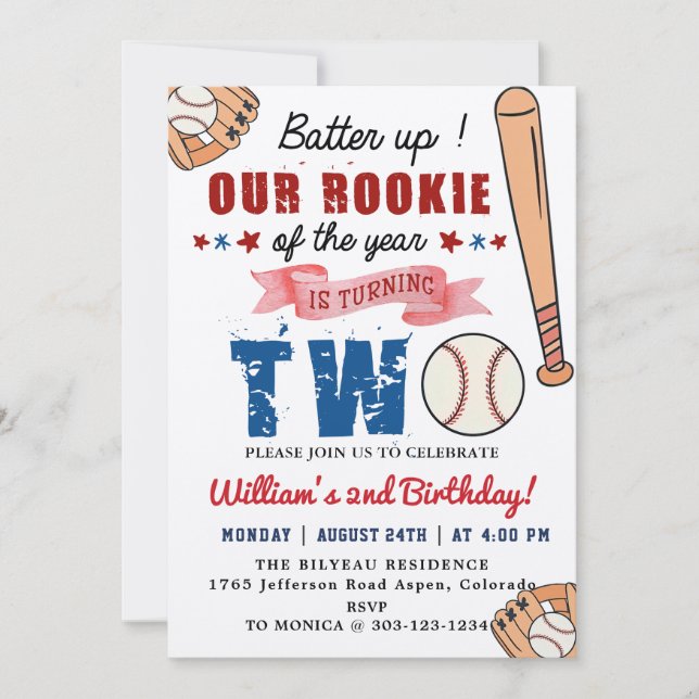 Boys Baseball 2nd Birthday Party Batter Up Invitation (Front)