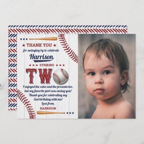 Boys Baseball 2nd Birthday Photo Thank You Card