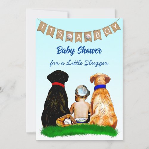 Boys Baseball and Dogs Themed Baby Shower Invitation