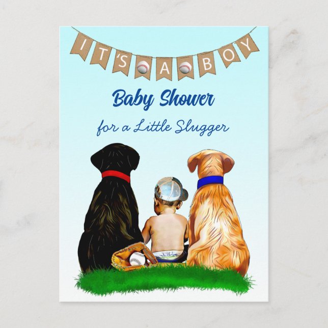 Boy's Baseball and Dogs Themed Baby Shower Postcard (Front)