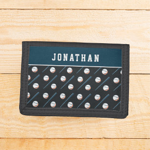 Boys Baseball Bat & Ball Sport Masculine Kids Name Trifold Wallet