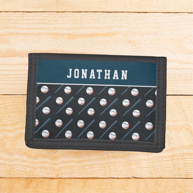Boys Baseball Bat & Ball Sport Masculine Kids Name Trifold Wallet (Creator Uploaded)