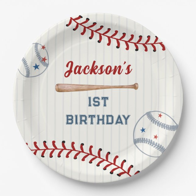 Boys Baseball Birthday Party Paper Plates (Front)