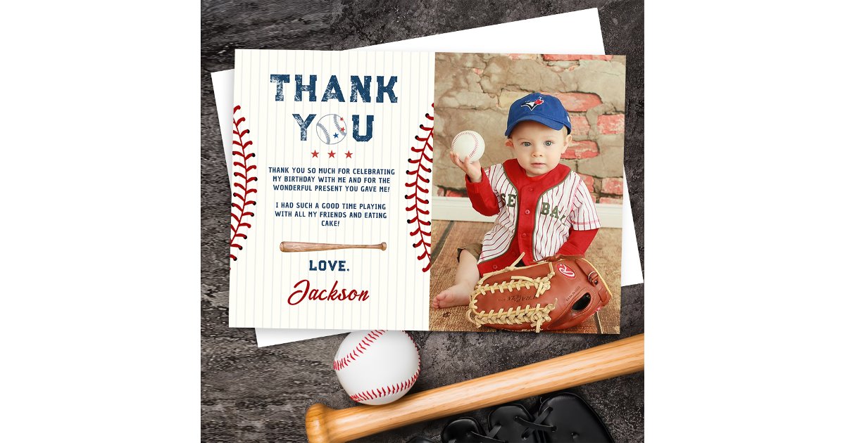 Boys Baseball Birthday Photo Thank You Card | Zazzle