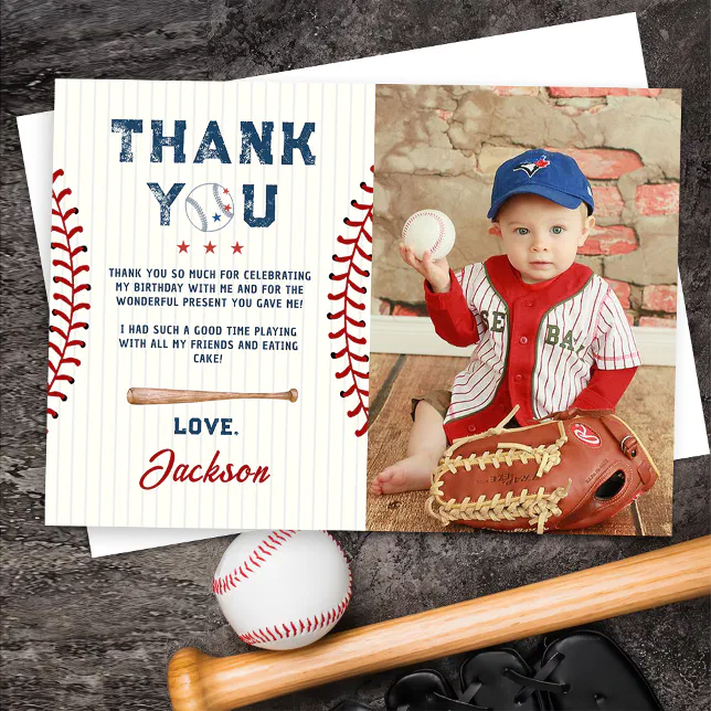 Boys Baseball Birthday Photo Thank You Card | Zazzle