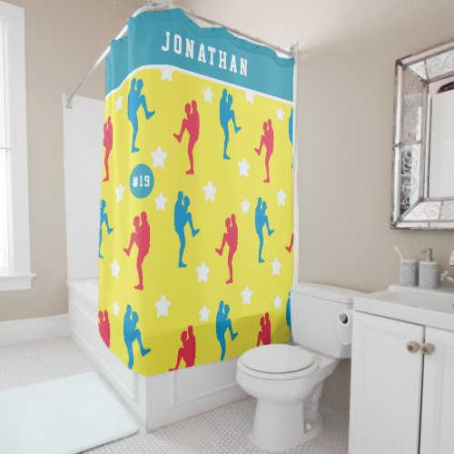 Boys Baseball Colorful Player Star Name  Number   Shower Curtain