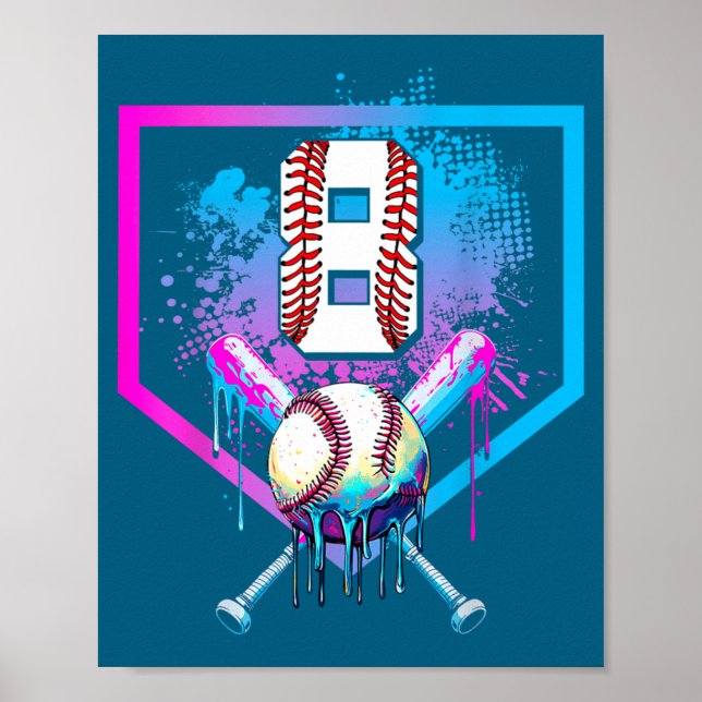 Boys Baseball Drip 8th Birthday Home Poster (Front)
