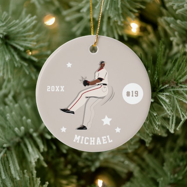 Boy's Baseball Player Team Jersey Number & Name Ceramic Ornament (Tree)