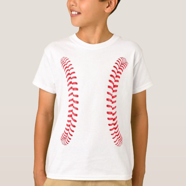 Boys Baseball Player Vertical Stitches Seams T-Shirt (Front)