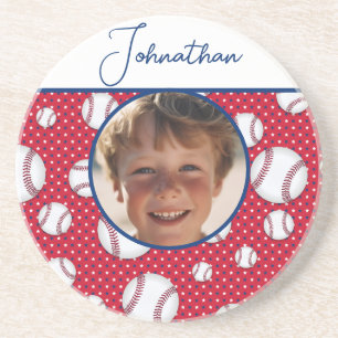 Boys Baseball Red White Blue Custom Photo w/ Name Coaster