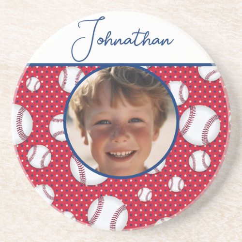 Boys Baseball Red White Blue Custom Photo w Name Coaster