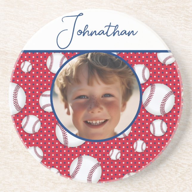 Boys Baseball Red White Blue Custom Photo w/ Name Coaster (Front)