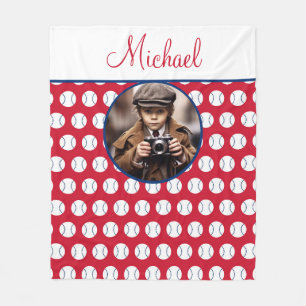 Boys Baseball Red White Blue Custom Photo w/ Name Fleece Blanket