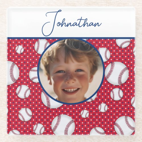 Boys Baseball Red White Blue Custom Photo w Name Glass Coaster