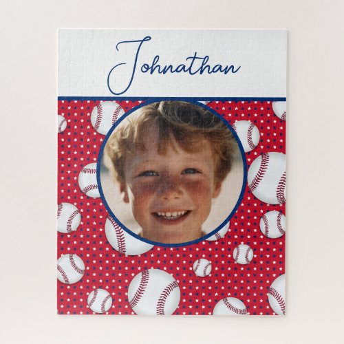 Boys Baseball Red White Blue Custom Photo w Name Jigsaw Puzzle