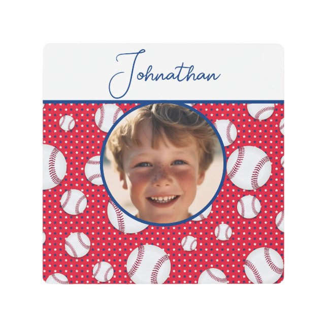 Boys Baseball Red White Blue Custom Photo w/ Name Metal Print (Front)