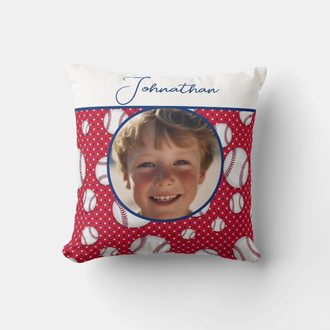 Boys Baseball Red White Blue Custom Photo w/ Name Throw Pillow (Front)