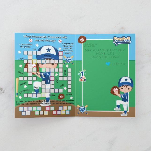 Boys Baseball Secret Message Happy Birthday Card (Inside)