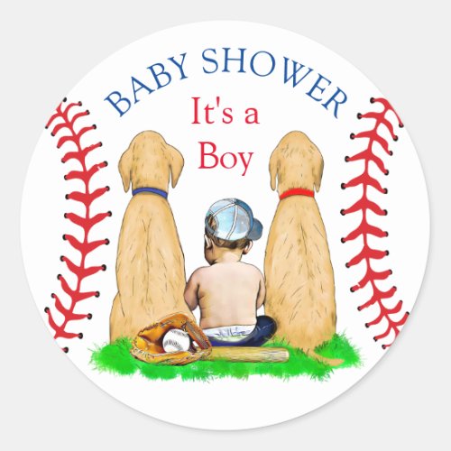 Boys Baseball Themed Baby Shower 2 Labs and Baby Classic Round Sticker
