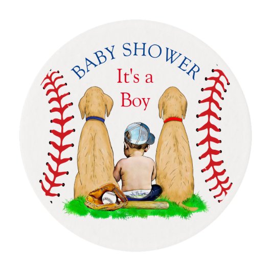 Boy's Baseball Themed Baby Shower 2 Labs and Baby Edible Frosting Rounds (Front)