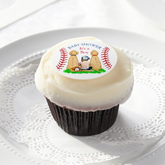 Boy's Baseball Themed Baby Shower 2 Labs and Baby Edible Frosting Rounds (Cupcake)