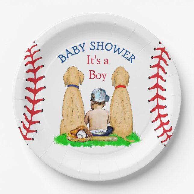 Boy's Baseball Themed Baby Shower 2 Labs and Baby Paper Plates (Front)