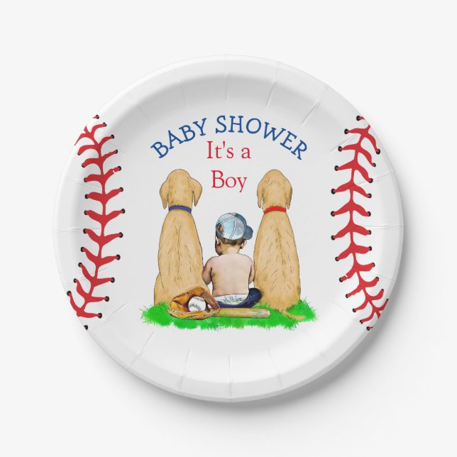 Boy's Baseball Themed Baby Shower 2 Labs and Baby Paper Plates (Front)