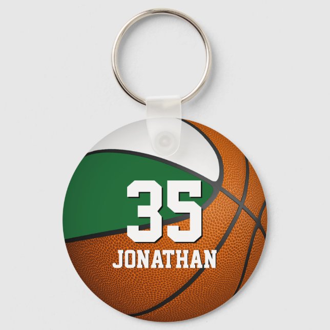 boys basketball w green and white team colors keychain (Front)