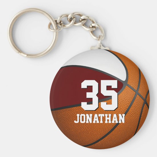 boys basketball w maroon and white team colors keychain