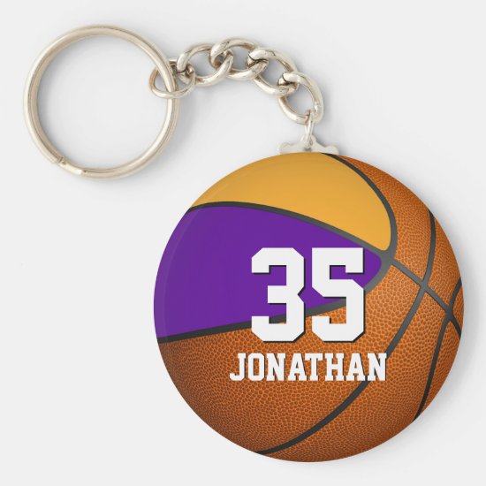 boys basketball w purple and gold team colors keychain