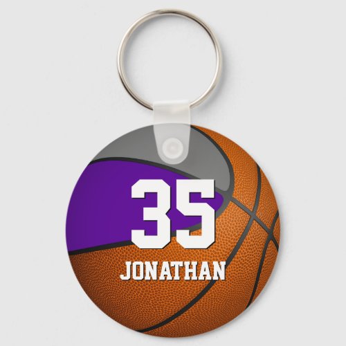boys basketball w purple gray team colors keychain