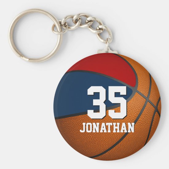 boys basketball w red and blue team colors keychain