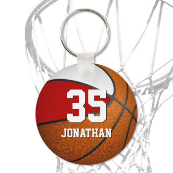 Boys Basketball W Red And White Team Colors Keychain by katz_d_zynes at Zazzle