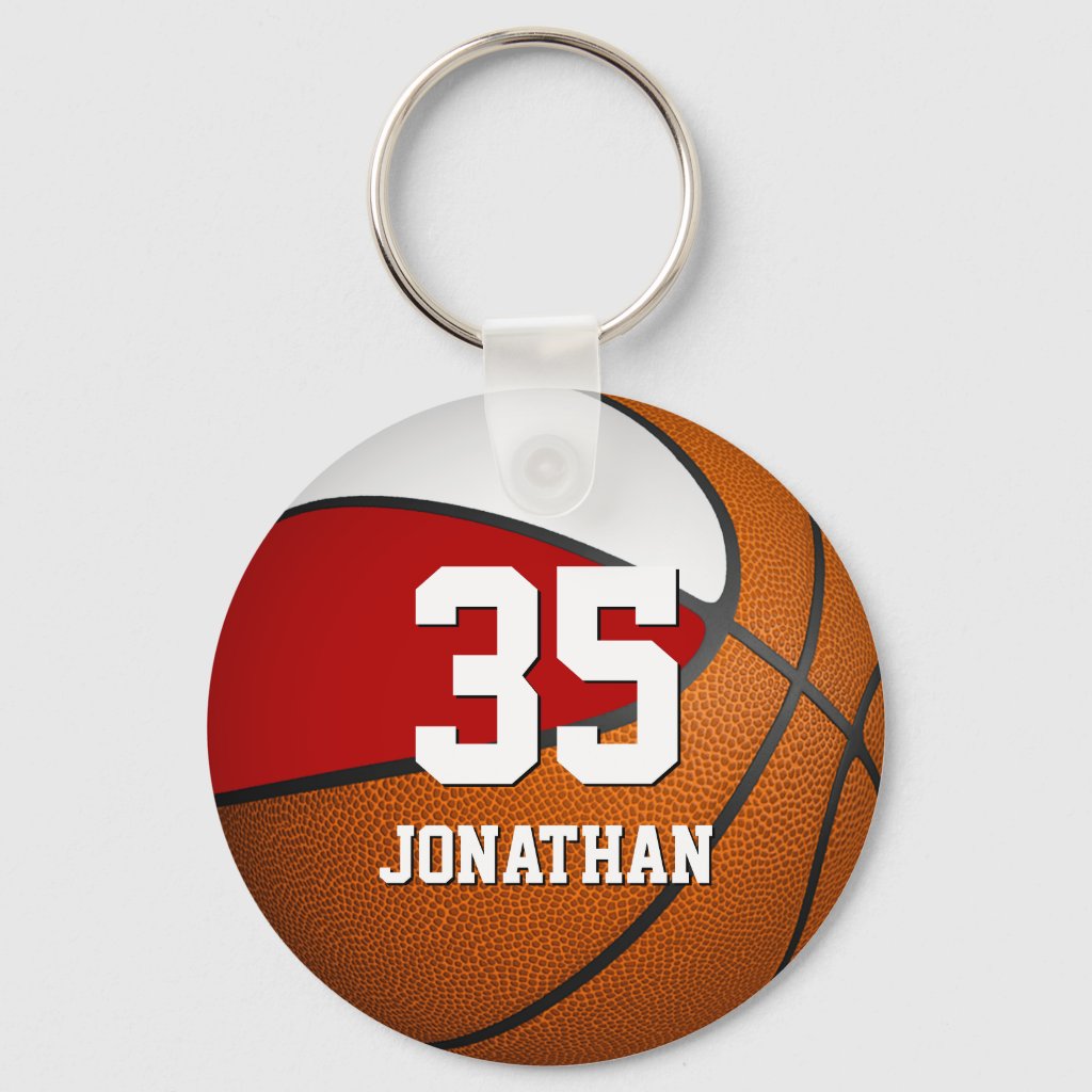 Personalized basketball w red and white team colors keyring