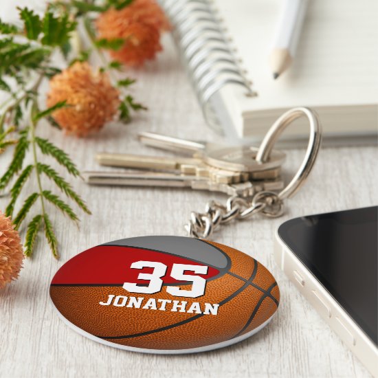 boys basketball w red gray team colors keychain