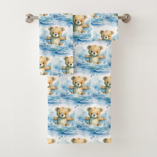 Boy's Bath Towel Set | Blue Teddy Bears | Bathtime (Insitu)