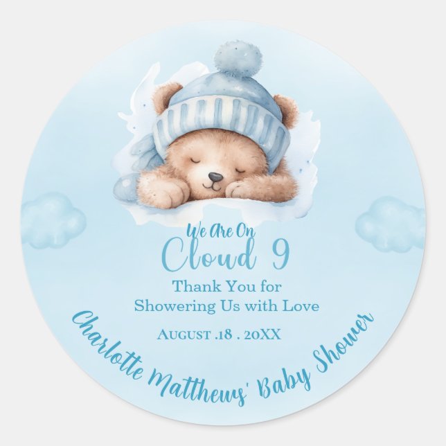 Boys Bear Bear Cloud Nine 9  Baby Shower   Classic Round Sticker (Front)