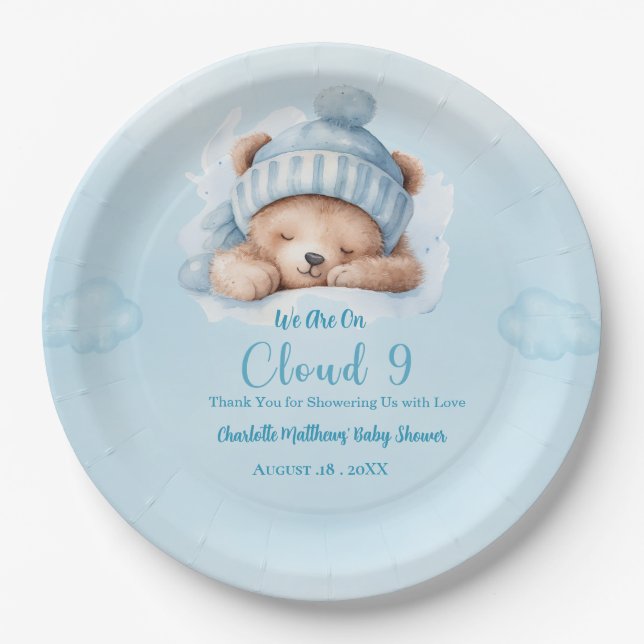 Boys Bear Bear Cloud Nine 9  Baby Shower   Paper Plates (Front)
