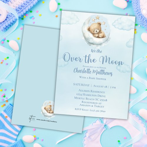 Boys Bear Bear Over the Moon  Baby Shower   Invitation