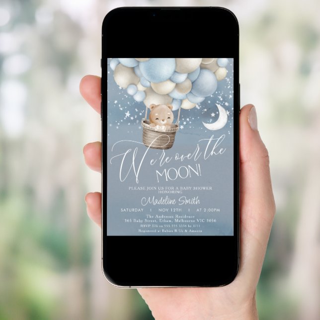 Boys Bear Hot Air Balloon Over Moon Baby Shower  Invitation (Front Digital)