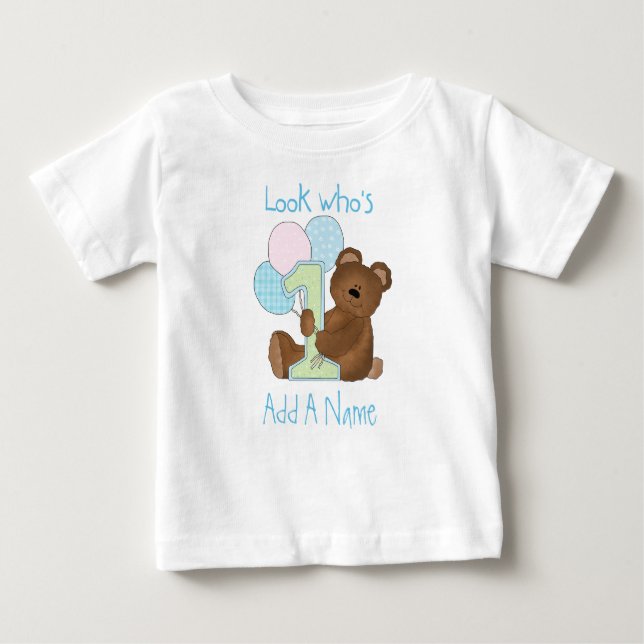 Boys Bear Look Who's 1 Birthday Tshirt (Front)