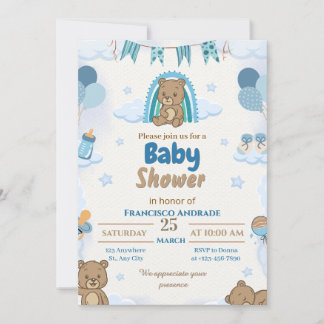 Boy's Bear Watercolor Baby Shower Invitation