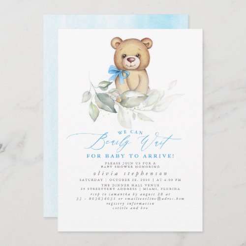 Boys Bear Watercolor Greenery Baby Shower Invitation