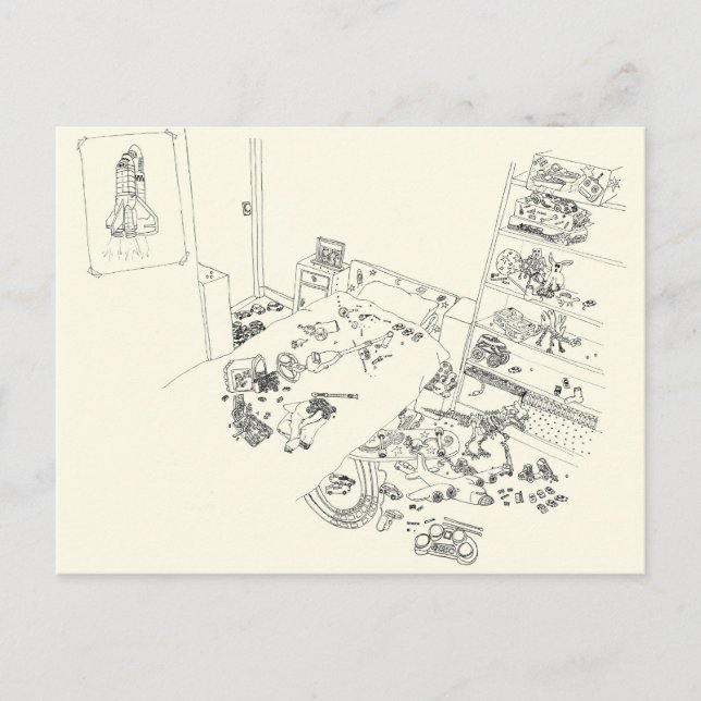 Boys Bedroom Mess Family Humour Drawing from Above Postcard (Front)