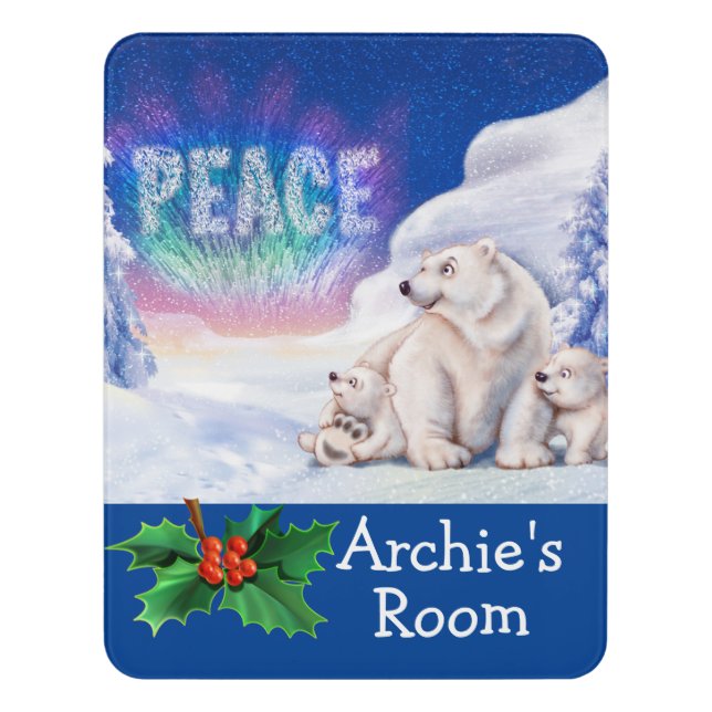 Boy's Bedroom name plate Snow bears peace Door Sign (Contemporary Vert)