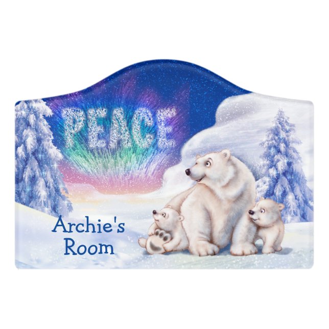 Boy's Bedroom name plate Snow bears peace Door Sign (Small Crest Front)