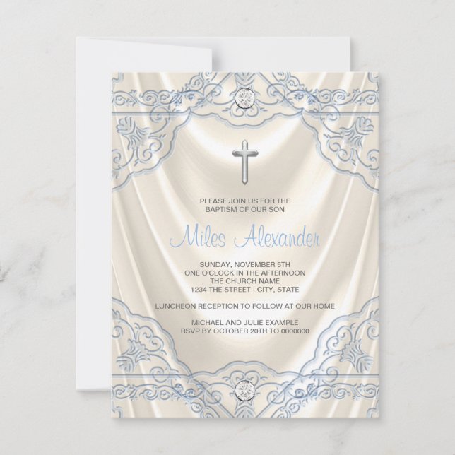 Boys Beige Ivory and Blue Baptism Christening Invitation (Front)